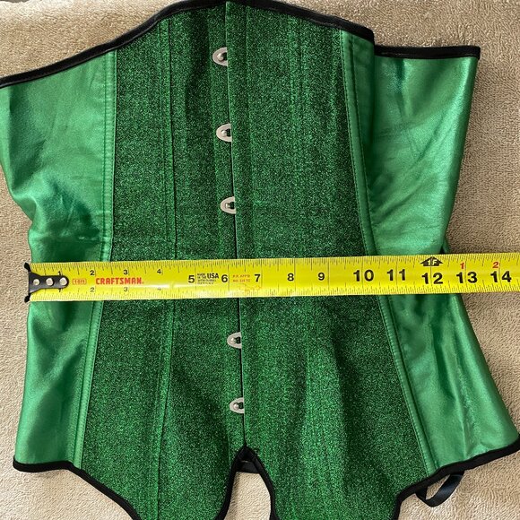 Green Glitter Steel Boned Overbust Corset Top Lace Up Back Size S Gothic Festiva - Picture 4 of 8